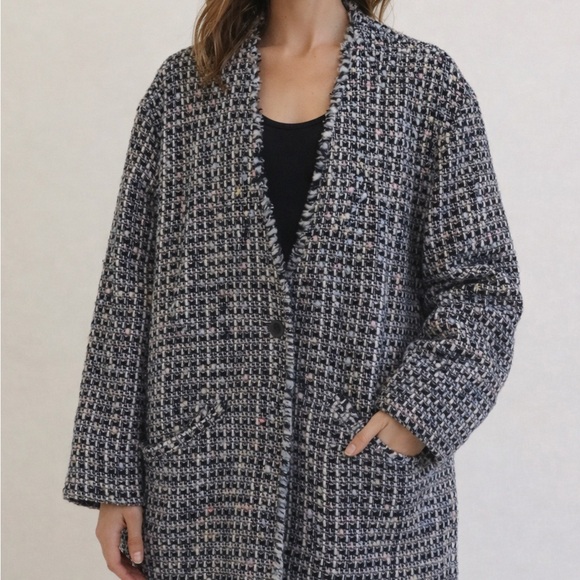 Leith Jackets & Blazers - Leith Black Metallic Tweed Fringe Oversized Pea Coat Small